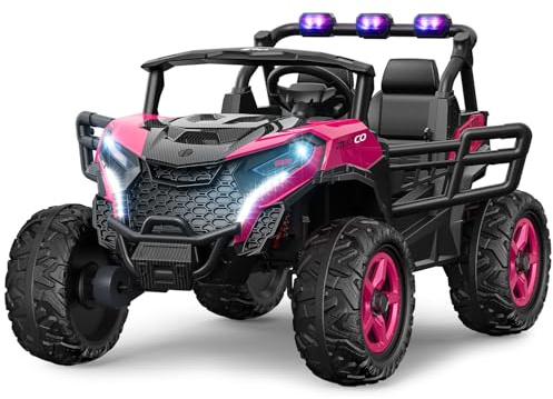 ARBELI 24V 2 Seater Ride on Car Truck 4x200W, EVA Tires, 4WD/2WD, Rainbow Lights, Remote Control, Shock Absorbers, Bluetooth, Ride on Toy for Big Kids Ages 3-8, Pink