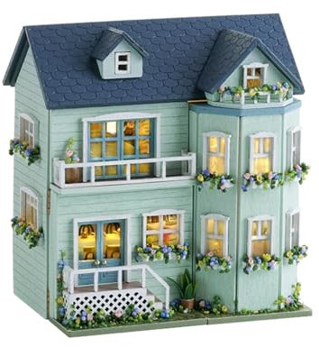 Ieron DIY Miniatur-Puppenhaus-Bausatz, Mini-Handgefertigtes Hausmodell, DIY-Bastelset mit Staubschutz, 3D-Puppenhaus-Bausätze aus Holz, Kleiner Bausatz als Geburtstagsgeschenk, Warm Manor