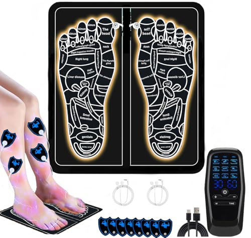 EMS Fußmassagegerät, Tragbare Fußmassagegerät Elektrisch mit 9 Massageprogramme 30 Intensitätsstufen, für die Durchblutung Muskelschmerzen Linderung, EMS foot massager mit 8 TENS Elektroden Pads