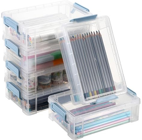 OGANAZI 6 Pack Stackable Translucent Clear Pencil Boxes Plastic Pencil Case for Pencil Pen Storage Muti-functional Pencil Storage Box Large Capacity Office Supplies Storage Box with Lids, Blue Buckles