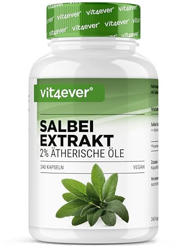 vit4ever Salbei - 240 Kapseln hochdosiert - 6000 mg Salbei pro Kapsel (Salvia officinalis 10:1 Extrakt) - 2% ätherische Öle - 8 Monatsvorrat - Ohne unerwünschte Zusätze - Vegan