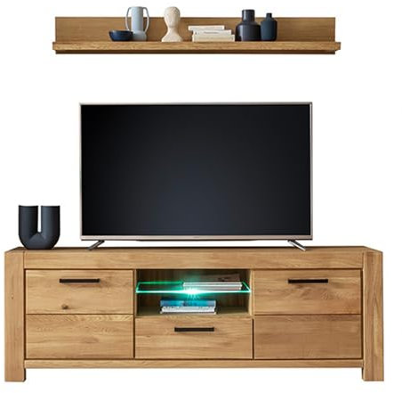 Wohnwand Wohnmöbel Set Eiche teilmassiv geölt 2-teilig, 1 Wandboard, 1 Lowboard, inkl. LED-Beleuchtung | Echtholz/Massivholz/Furnier