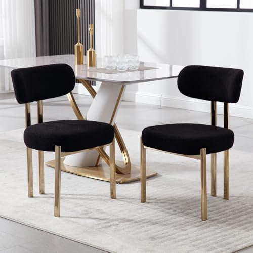 Ya-Home Chaises de Salle à Manger à la Mode Lot de 2 Chaises Salle Manger en Bouclette avec Pied Doré, Chaise de Cuisine Confortable, Noir
