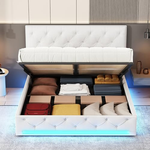 Lit Coffre à LED Double 160x200 cm avec Espace de Rangement, Hydraulique et Sommier à Lattes, pour Adultes et Jeunes, Lin (Blanc)