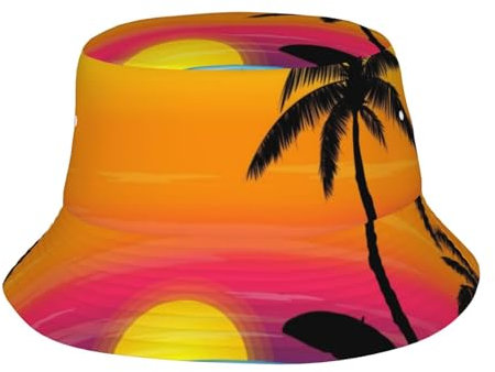 FZGGWYHL Fischerhut für Erwachsene, Motiv: Sonnenuntergang Palme, Unisex, Fischerhut, Sonnenhut, Schwarz, Schwarz , 4-8