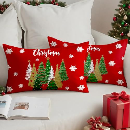 Vorysum Funda de Cojín Navidad Roja – Motivo Árbol de Navidad con Copos de Nieve, 30x50 cm, 2 Lados Impresos, Funda Decorativa para Sofá, Cama y Decoración Navideña