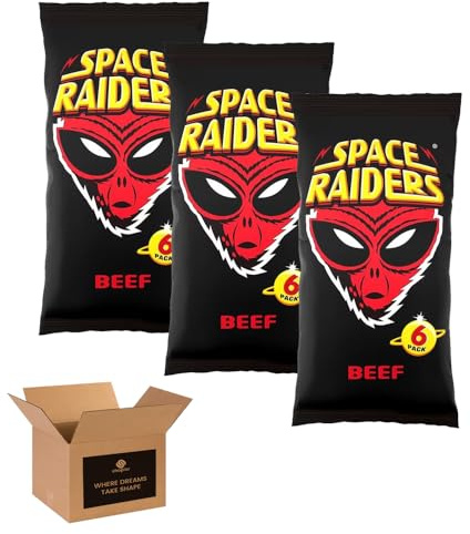 Space Raiders Crisps 6 Pack in 1 Pack – Beef/Onion Classic Retro Crisps Snack Packs for Lunchboxes, School, Work, Picnics & Sharing – Bold Flavour Crunchy Snacks (Pack 3, 6xBeef)