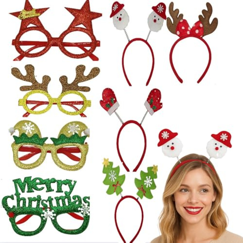 OIXEYA 8 Pièces Serre-Tête et Lunettes de Noël, Costume de Renne Drôle, Cadeaux et Décorations pour Noël