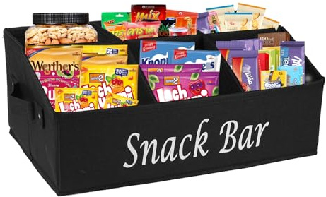 Snackbar Stoff Snack Organizer mit 6 Fächern Snack Box mit Griff Schwarz | Snackaufbewahrung für Süßigkeiten und Riegel, praktische Snackbox für Küche und Tisch mit schneller Übersicht im Alltag
