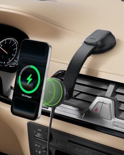 Belkin Wireless Car Charger, Magnetic Car Dash Mount w/ 1M USB C Cable, Qi2 MagSafe Compatible Fast Charging iPhone Charger for iPhone 17, Galaxy S25, Pixel 10, & More - Travel Accessories - Black