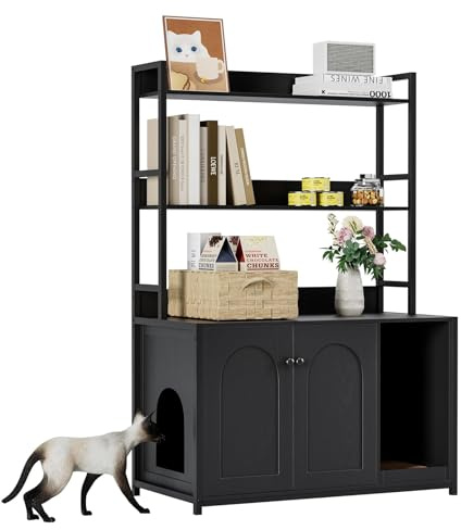 3-in-1 Katzenschrank mit Bücherregal, Katzenklo Versteckt mit Tür, Kratzbaum, 3 Ebenen, 89x45x132 cm, Modernes Katzenhaus Indoor für 2 Katzen - B