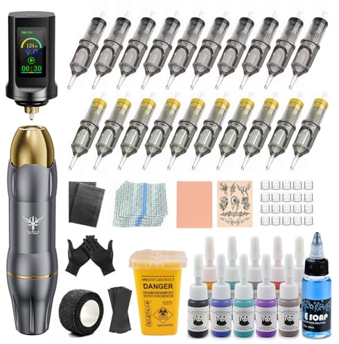 TATELF Drehbarer kabelloser Arbeitsstift Set mit 1900mAh RCA-Akku | 20 Patronennadeln, 10 Farbfläschchen, umfangreiches Zubehör für Einsteiger und Fachkräfte
