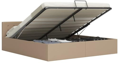 QZZCED Hydraulisches Boxspringbett aus Kunstleder, Cappuccino, 180 x 200 cm, mit Aufbewahrung, robustes Gestell aus Stahl und Holz, Kopfteil, pneumatischer Hebemechanismus und Latten