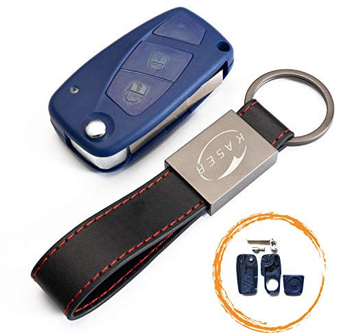 KASER Coque Clé Télécommande Plip Fiat 3 Boutons pour Punto Panda Ducato Ulysse (with Battery Place blu) + Porte-Clés en Cuir
