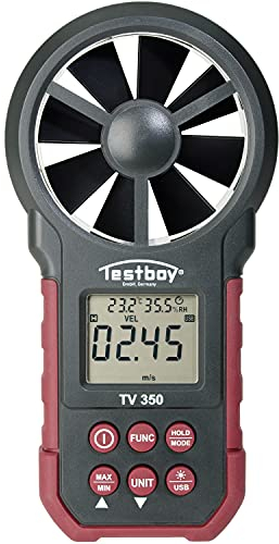 Testboy TV 350 digitales Anemometer (für Heizungs-, Lüftungs- und Klimaanlagenbau, beleuchtetes LC-Display, Min-/Maxwertspeicher, USB-Schnittstelle zur Auswertung der Daten am PC), Rot/Schwarz