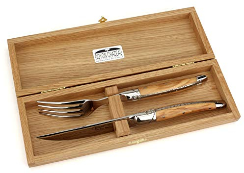 Goyon-Chazeau - Set ein Steakmesser und eine Gabel - Griff Olivenholz - Besteck Frankreich - Stahl hochglanz