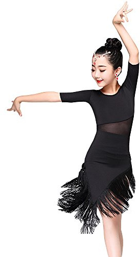 KINDOYO Mädchen Kinder Tanz Kleidung Quaste Saum Latein Tanzkleid Übung Performances Wettbewerb Kostüm, Schwarz/150