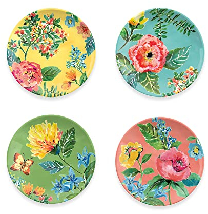 TarHong Garden Floral Assorted Salad Plates, 8.5, Melamine, Set of 4