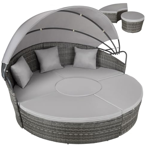 TecTake® Isla de Ratán con Cojines, Conjunto Jardín con Toldo Corredizo Plegable, Muebles Jardín Exterior, Estructura en Acero y Resistente a Intemperie, Conjunto Terraza Combinable - Gris/Gris Claro