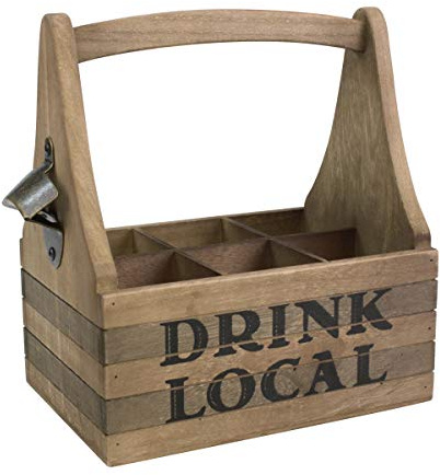 Stonebriar Wooden Drink Local Beer Caddy with Handle and Metal Bottle Opener, Large, Brown
