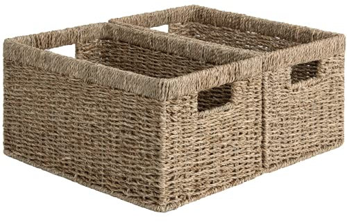StorageWorks Aufbewahrungskörbe aus Seegras, rechteckige Weidenkörbe Korb für Regal, modern geflochtener Korb aus Seegras, Aufbewahrungsbox geflochten mit Doppelgriff für Geschenke, groß, 2 Stück