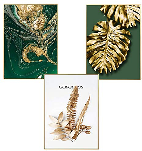 Martin Kench 3er Set Design-Poster Wandbilder, Wald Goldene Blätter Palmblatt, Ohne Rahmen, Wandbild Print Bilder Kunstposter Deko für Wohnzimmer (Stil B,20 x 30 cm)