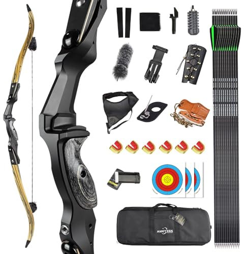 MILAEM 60 Zoll Takedown Bogenschießen Recurve Bogen 30-60lbs Sportbogen Jagdbogen Longbow Jagd ILF Bogen Riser Erwachsener Bogen rechte Hand (Gelb + Zubehör, 45lbs)