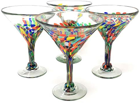 Dos Sueños Mexican Hand Blown Glass – Set of 4 Hand Blown Modern Margarita Glasses - Confetti Carmen (12 oz)