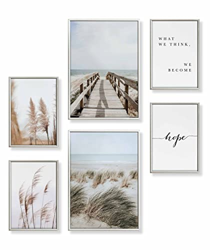 Heimlich® Premium Poster Set mit Bilderrahmen Aluminium Silber | 2 x DIN A3 & 4 x DIN A4 - ca. 30x42 & 21x30 | Stilvolle Poster Collagen mit passenden Bilder als Wanddeko » Dünen Strand Meer «