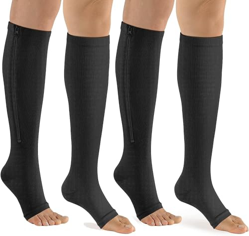 bropite Calze a compressione con cerniera, per donne e uomini, 2 paia, altezza polpaccio, 15-20 mmHg, calze a compressione a punta aperta per passeggiate