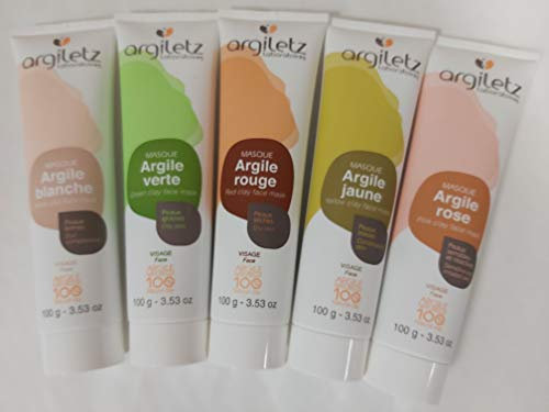 Masques à l'argile - Lot de 5 tubes de 100 gr - Masques Argiletz - Argiles de couleurs - Argile blanche, jaune, verte, rouge et rose - Soin de la peau - ARCILIA -