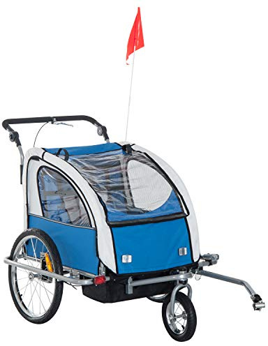 HOMCOM Bike Trailer 2-Seater for Bicycle Baby Child with Removable Canopy Storage Pocket Hitch Coupler Outdoor Steel Frame Blue