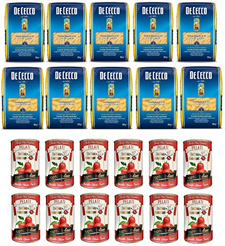 Testpaket De Cecco italienisch Pasta Penne Rigate - Tortiglioni ( 10 x 500g ) + Italian Gourmet Pelati dosen italienische geschälte Tomaten ( 12 x 400g )