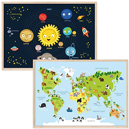 kizibi® Weltkarte und Planeten Poster Set A2 mit Rahmen Holz Natur für Kinderzimmer, Lernposter für Mädchen und Jungen, Orbit Kontinente | für Kindergarten, Vorschule oder Grundschule