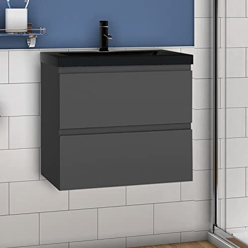 Waschtisch mit Unterschrank 60 cm Badmöbel Set mit Waschbecken Schwarz Gäste WC Anthrazit Matt