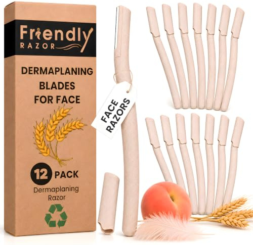 12 Pack - Dermaplaning Blades for Face - Peach Fuzz Remover - Face Razor | Wheatstraw handle, Japanese blade, gentle women's shaver, Plastic-free eyebrow razor, Face Shaver by Friendly Razor