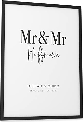 Papierschmiede® Paar Poster „Homo-Ehe Personalisiert, DIN A3 (30x42 cm) Bilderrahmen wählbar, fertig gerahmt, Schlafzimmer Wandbild Hochzeitsgeschenke für Brautpaar Jahrestag „Gay Wedding Mr & Mr“