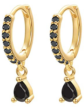 Vissen Ohrringe Damen Klein Creolen mit Anhänger Wasser Tropfen Schwarz Zirkon Vergoldete Strass Ohrringe Hängend Mädchen Modeschmuck