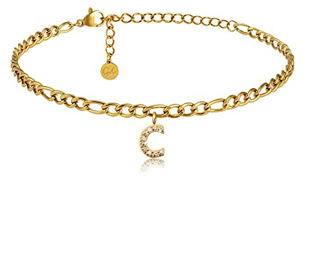 GD GOOD.designs Fußkettchen Gold mit Buchstaben C wasserfest mit 18K Vergoldung I Fussbändchen für Damen verstellbar aus Edelstahl (Buchstabe C) - Valentinstag - Geschenk für Sie