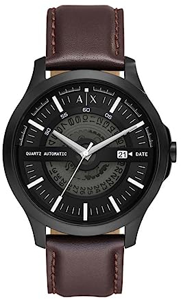 Armani Exchange Orologio da uomo, Movimento al quarzo con Data a tre lancette e cassa da 44 mm con cinturino in Pelle, Negro y marrón