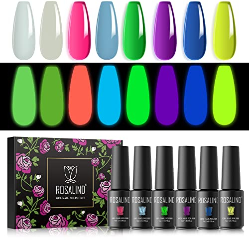 ROSALIND UV Nagellack, Leuchtende Neonfarben Shellac Set, 8 Farben Rosa Lila Blau Gelb Grün Weiß, Gel Nagellack Soak Off UV LED Gelnägel Set für Nail Art Maniküre-Set DIY Gel Nail Polish 8pcs