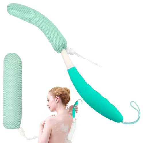 Back Scrubber for Shower,15.35 Curved Body Brush with Anti Slip Long Handle (Green Handle+Green-2)