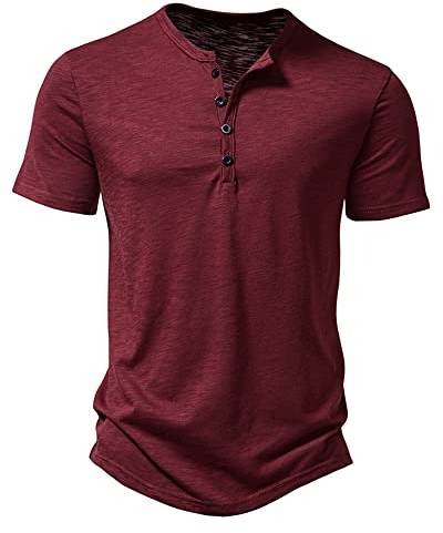 Men's Casual Grandad Collar Henley T Shirt Muscle Fit Summer Smart Short Sleeve 4 Buttons Tee Slim Fitted Collarless Polo T-Shirts Tops-Wine Red-XXL