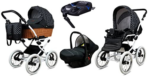 BabyLux Kinderwagen 4in1 mit Autositz für Kleinkinder – Kinderwagen für Neugeborene und Kleinkinder –– Baby Neugeborenen Kinderwagen – ISOFIX Autositzbasis – Max 15kg – White Dots White Frame