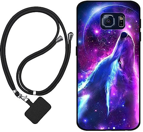 Sunrive Hülle Kompatibel mit Samsung Galaxy S6 Case,matt Handyhülle Schutzhülle Etui TPU Backcover (Wolf,Mond,Sterne) +1x Universale Handykette