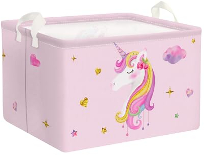 Clastyle Adorable Pink Unicorn Girls Kids Toy Box Cloud Star Heart Clothes Books Baby Storage Basket, 21L