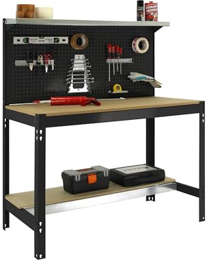 Simon Rack Arbeitstisch, Werkbank 1445x1210x610 mm, 600 kg Belastbarkeit, 3 obere Regalböden, Große Arbeitsfläche, Holz-Arbeitsplatte, Anthrazit/Holz – Simonwork
