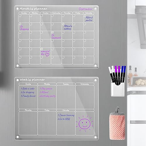 Magnetischer Monats- und Wochenkalender aus Acryl für Kühlschrank, transparentes Set mit 2 trocken abwischbaren Tafeln, Kalender, wiederverwendbarer Planer, inklusive 6 trocken abwischbaren Markern