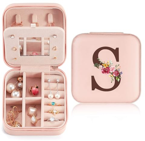 Sinekong Boîte à Bijoux avec Initiales S, Petit Boite a Bijoux Portable Boîte à Bijoux de Voyage avec Miroir Cuir PU Boite Rangement Bijoux pour Femmes Filles Cadeau Personnalisé pour Anniversaire