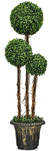 COSTWAY Arbre Artificiel Arbuste avec Feuilles à l'aspect Authentique 115 CM, Fausse Plante 3 Boules en Pot avec Rotin Véritable Résistance aux UV et l'eau Décoration pour Salon Balcon